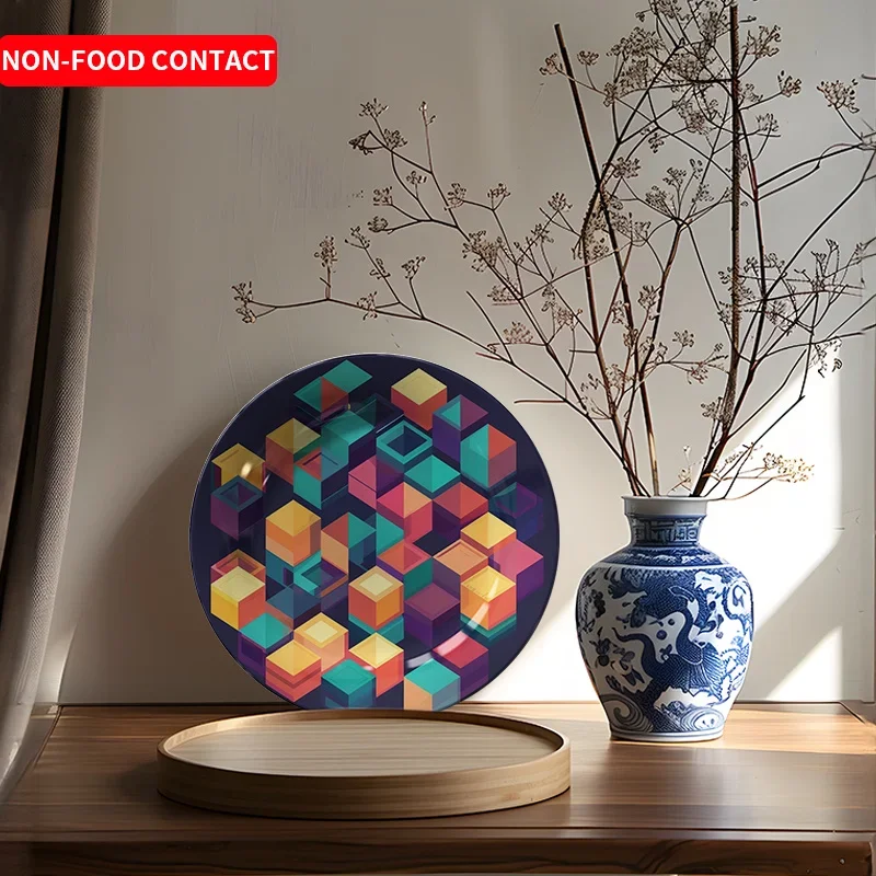 1pc Modern Geometric Ceramic Decorative Plate - Non-Food Contact Round Tabletop Art with Vibrant Colorful Design for Home,