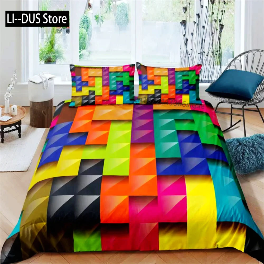 Red Glowing Polygonal Grid Pattern Bedding Set, 135×200 Duvet Cover Set With Pillowcase, 260×220 Quilt Cover Black Blanket Cover
