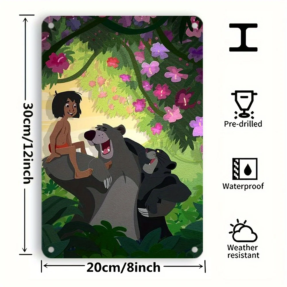 قطعة واحدة من لافتة ديزني دونالد داك ميكي بلوتو مقاس 8 × 12 بوصة من القصدير المعدني - لوحة فنية جدارية لمشهد الغابة العتيق مع الصبي والدب، غرفة نابضة بالحياة ديسمبر #3