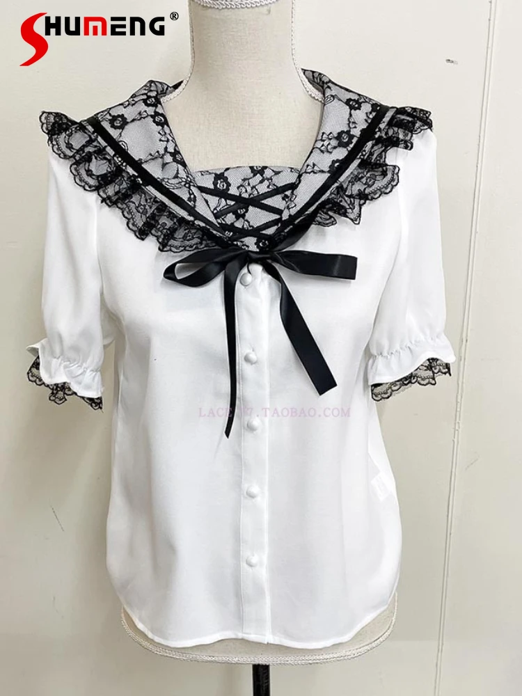 

Japanese Mine Style Lace Stitching Sailor Collar Lace-up Love Bow Short Sleeve Single-Breasted Sweet Lolita Shirt Tops for Women