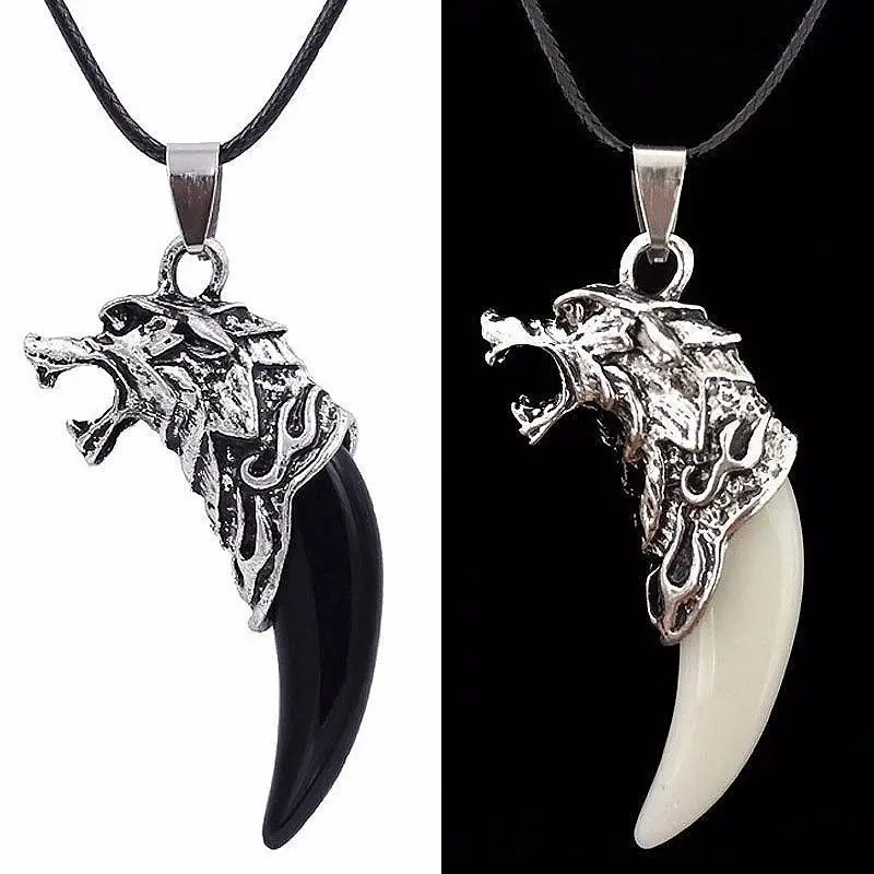 Men's Tribal White Stark Wolf Fang Tooth Silver Boho Pendant Necklace