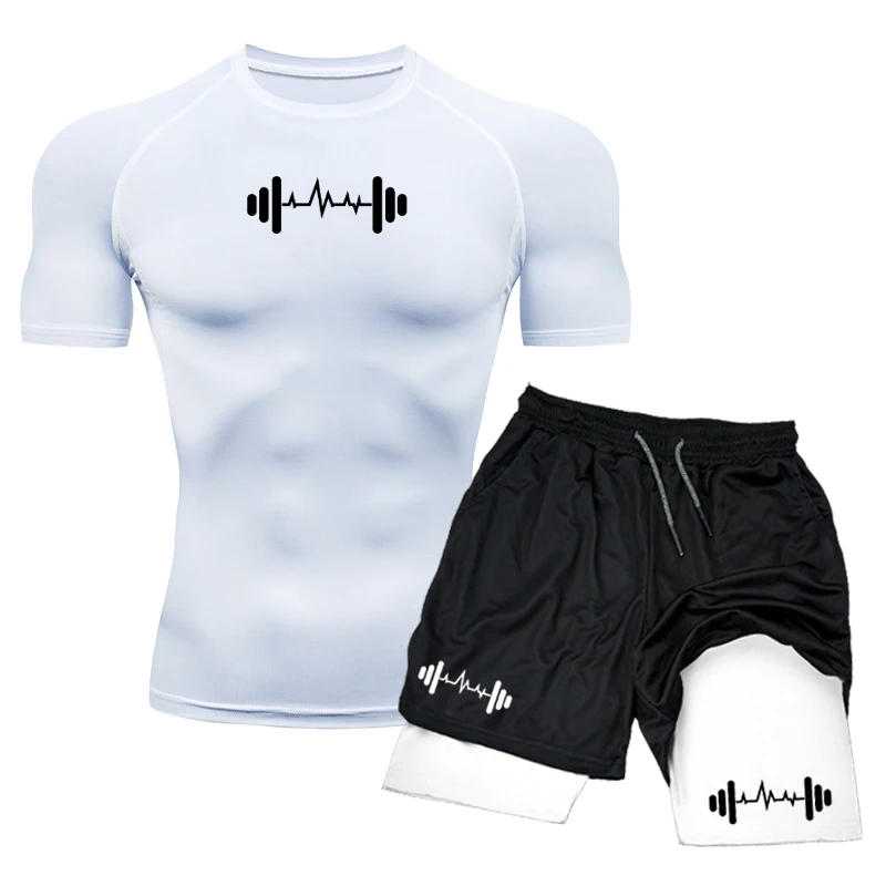 Men\'s Compression Set Short Sleeve Boxing Sport Gym Top+Workout Shorts Double Layer Quick Drying Breathble Tight Rashguard Suit