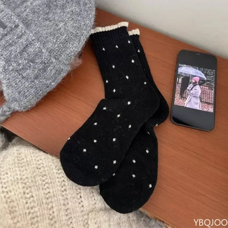 5 pairs Winter plush thick socks warm mid tube socks lace and polka dots fashionable and multifunctional long tube women's socks