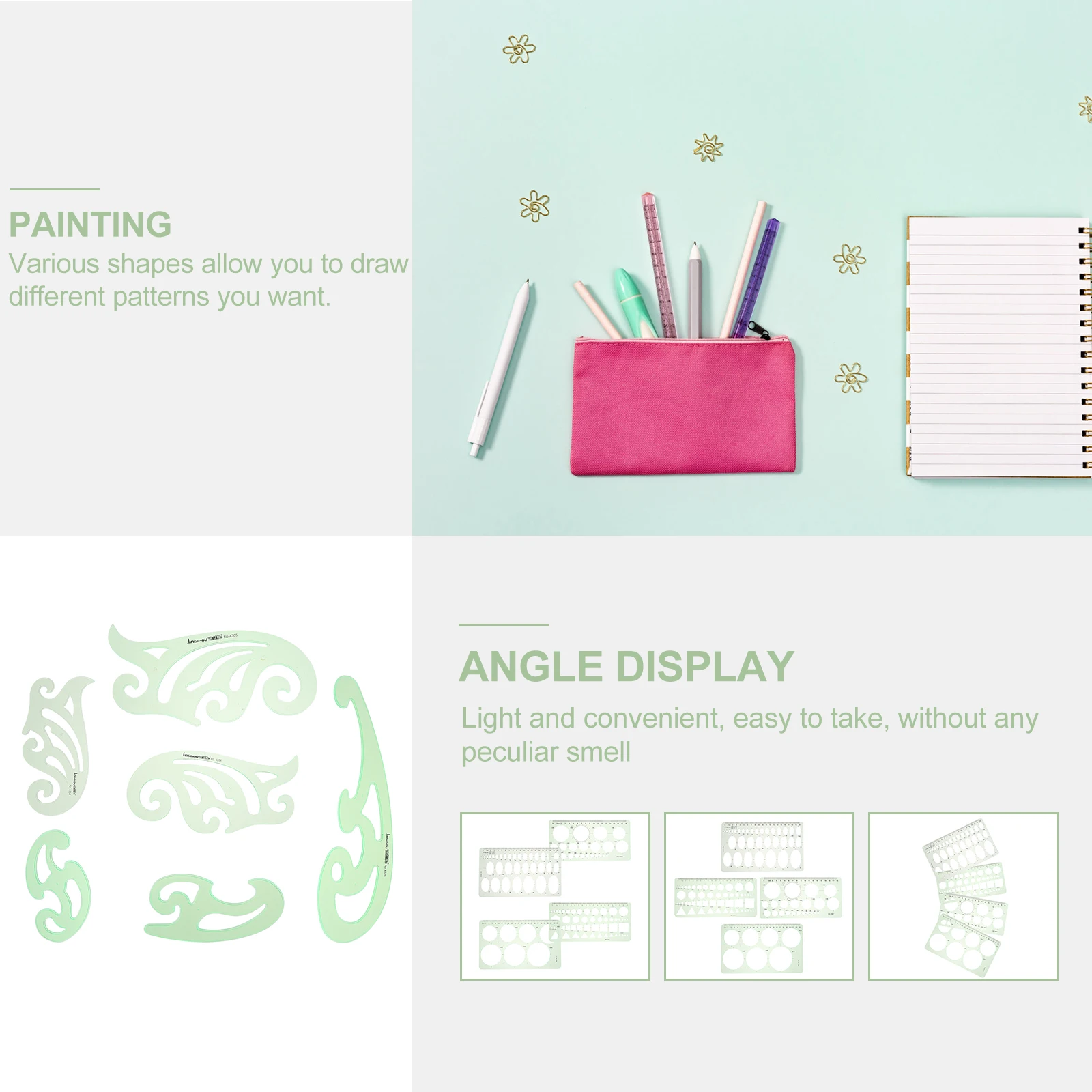 

6PCS Drawing Templates Ruler Geometric Stencils Plastic Multipurpose Drafting Tools Artists Architects Students School Office