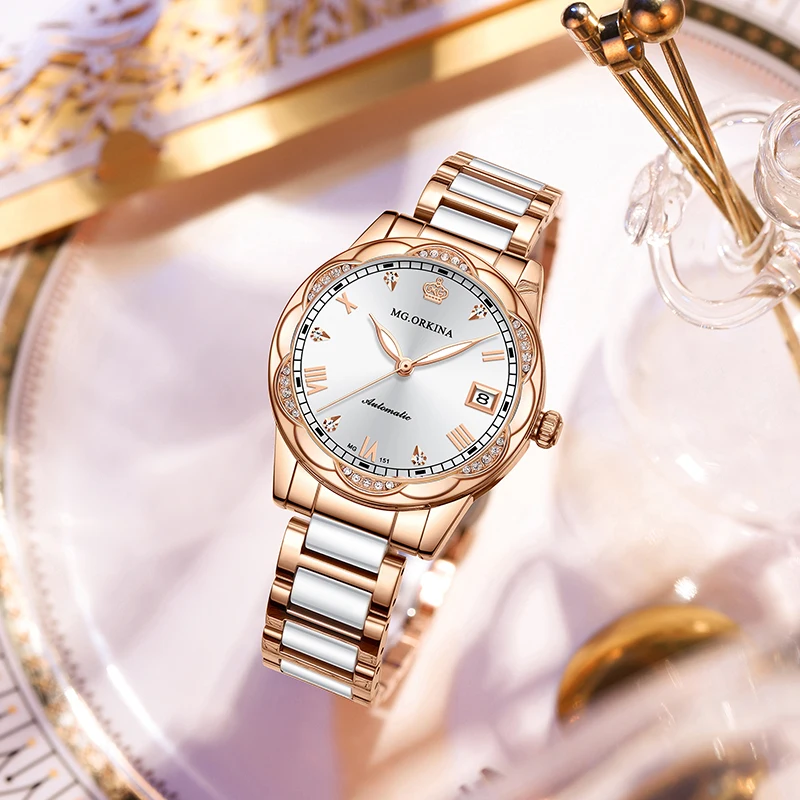 Montre de luxe pour femmes bracelet en céramique montre-bracelet mécanique étanche calendrier dames robe mode montre automatique Reloj Mujer
