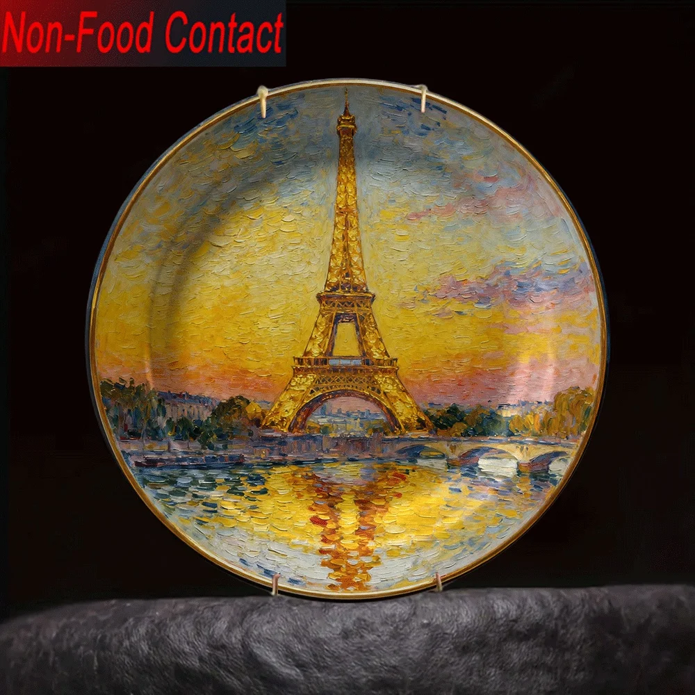 1pc francês marco torre eiffel placa decorativa de cerâmica-placa de arte redonda com tema paris adequado para, peça central de mesa,