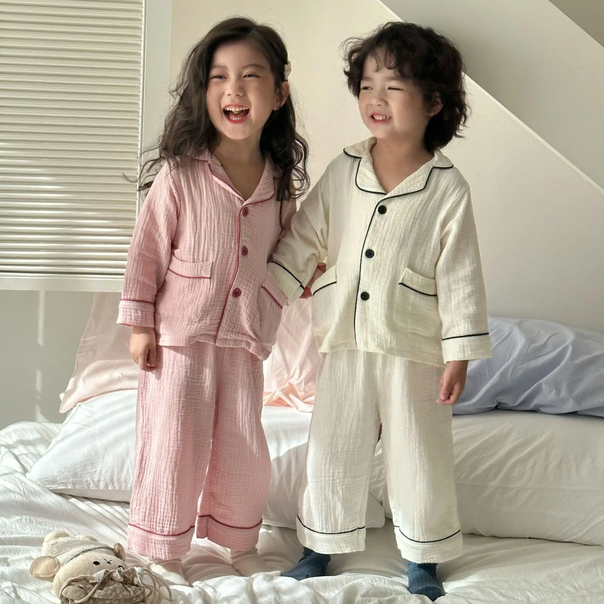 Solid Color Children's Cotton Clothing Soft Loose Pajamas Set Baby Boys Girls Sleepwear Turn-down Collar Full Sleeve Pijamas Pjs