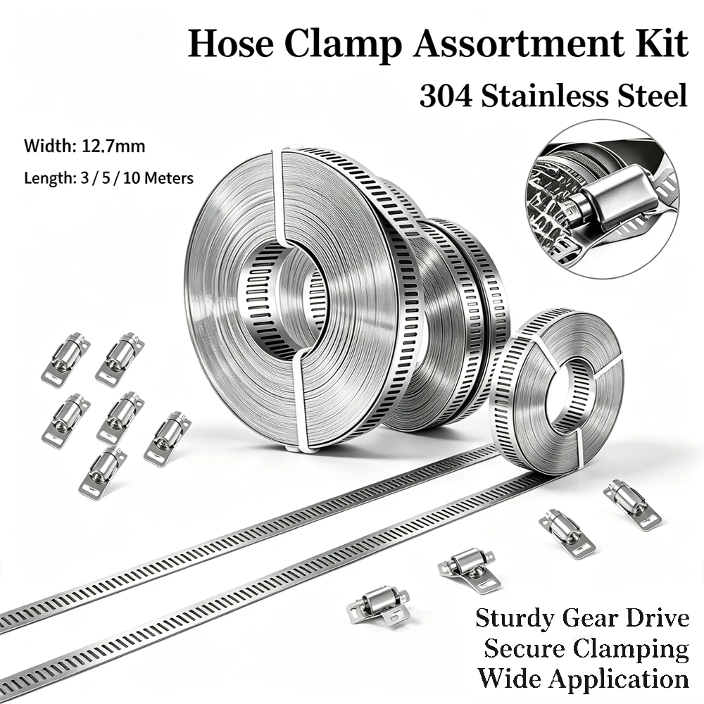 1-3Roll 304 Stainlesss Steel Adjustable Hose Clamps, Screw Drive Worm Gear Clips for Fuel Coolant Pipe Rust Proof Fasteners