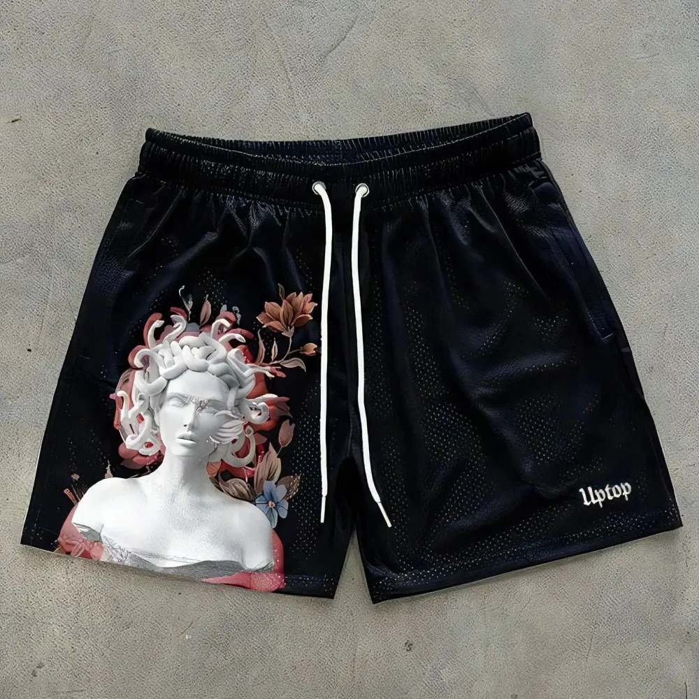 American Men's Summer New Statue of Liberty Angel Wings Printed Soft Breathable Drawstring Shorts Outdoor Street Pants
