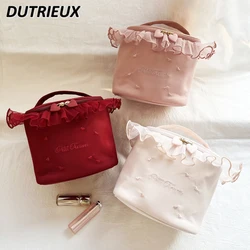 Fashion Mesh Heart Cosmetic Bags for Women Embroidered Lace Portable Japanese Style Square Bucket Cosmetic Storage Makeup Bag