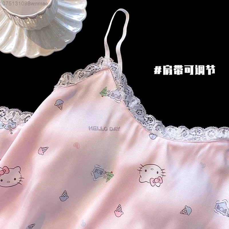 Pink Lace-edge Cute Cartoon Hello Kitty Spaghetti Starp Nightdress Y2k Women\'s Sanrio Sweet Silky Summer Nightgown with Bra Pad