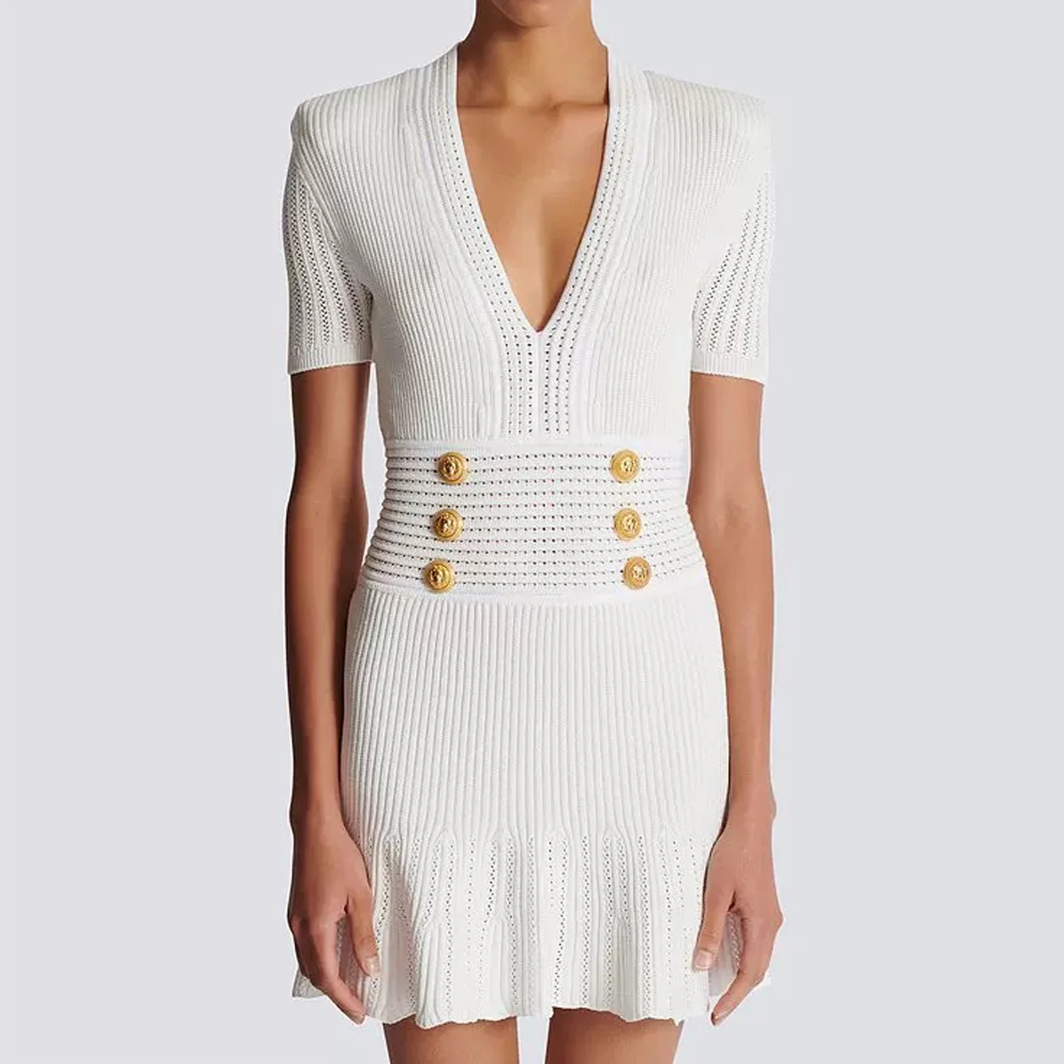 

Spring And Summer New Fashionable Temperament Commuting High-Quality Knitted Button V-Neck Slim Fit Women's Short Sleeved Dress