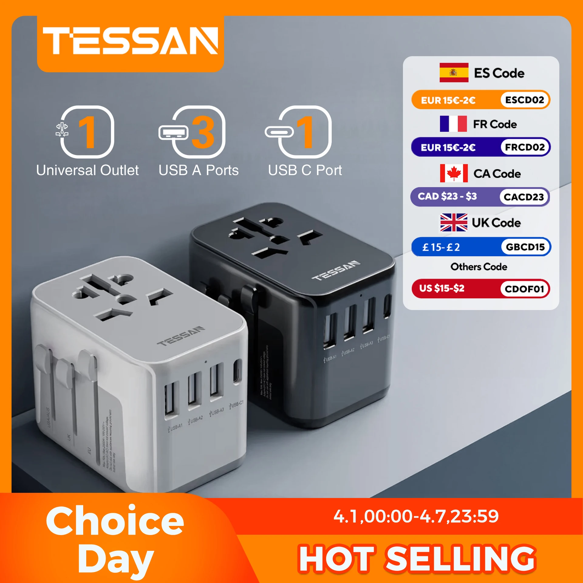 Adaptateur de voyage universel TESSAN avec port USB et type C, adaptateur secteur mondial prise EU/UK/USA/AUS pour les voyages internationaux