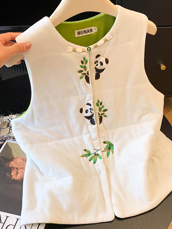 

Теплый хлопковый бархатный жилет с вышивкой панды, женский зимний жилет без песка, модный китайский национальный жилет