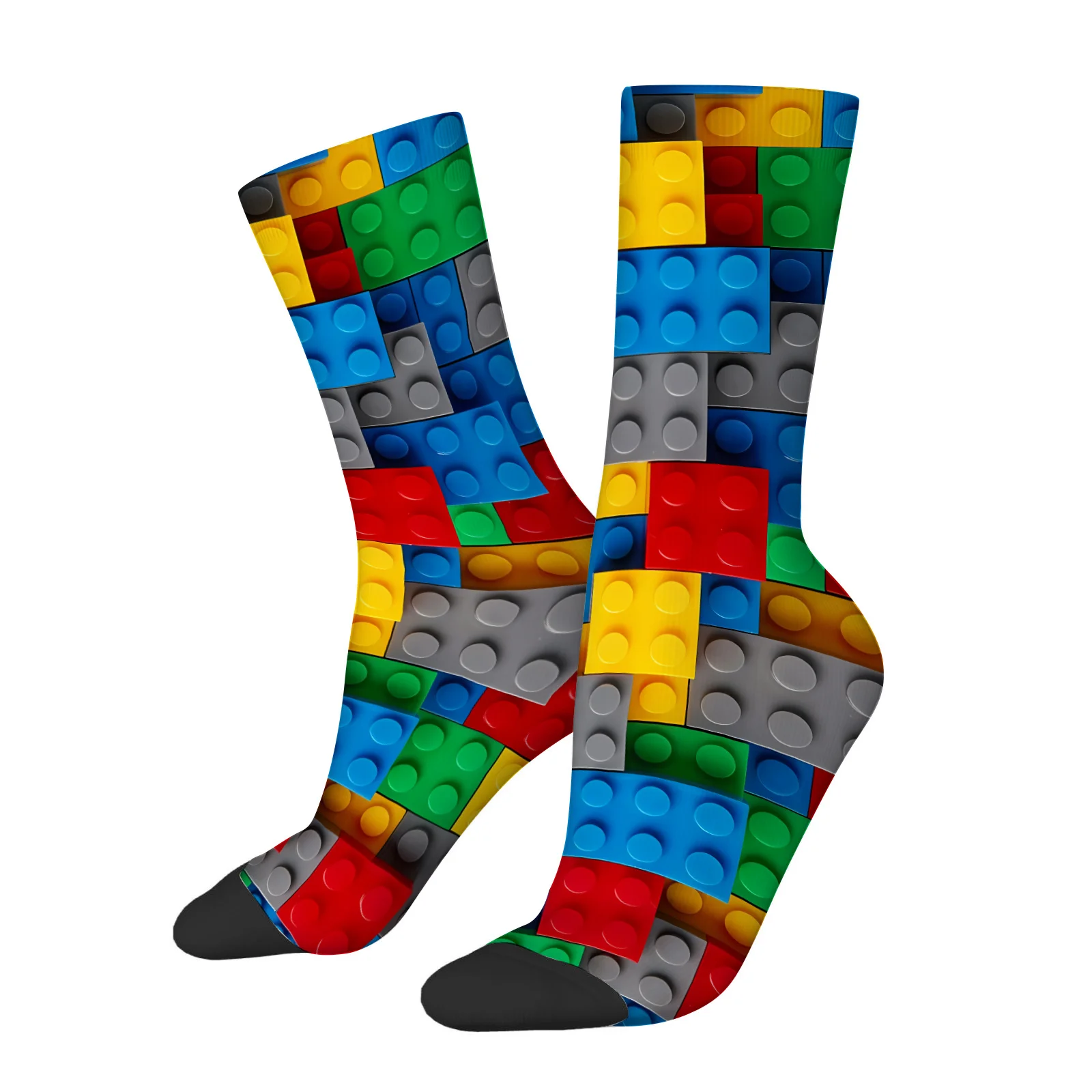 Colorful Building Blocks Print Crew Socks for Men Women Funny 3D Brick Pattern Mid Calf Socks Novelty Creative Casual Street