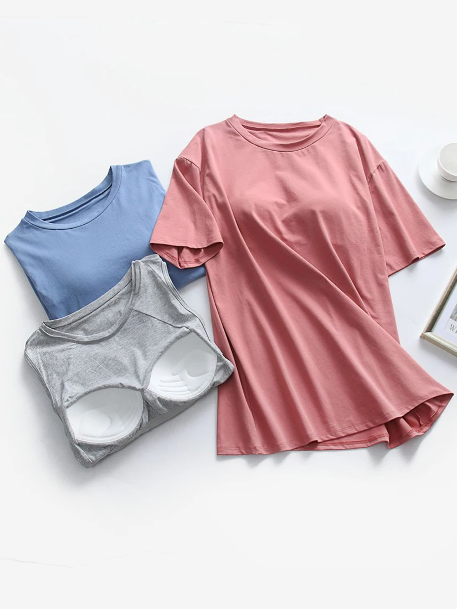 

Pure Cotton ort Sve T-irt Women Summer Thin Chest Pad Spwear No Bra Long White Home Clothes Loose Top