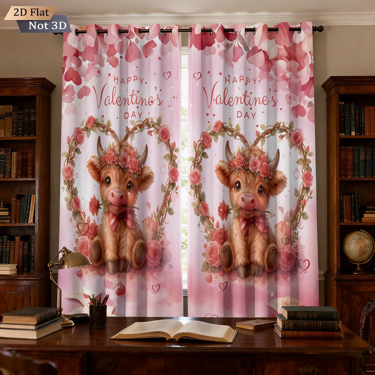 

2 Valentine's Day romantic highland cow print blackout curtain multiple sizes living room insulation decoration machine washable