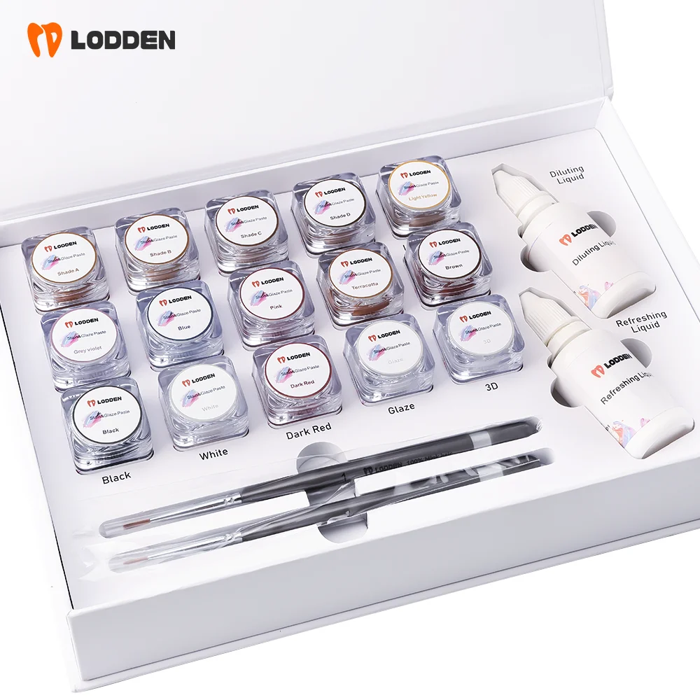 LODDEN Stain Glaze Paste Dental Porcelain KIT Low Temperature Glaze 25ml Liquid Mink Pens for Zirconia Glazing Filling Materials