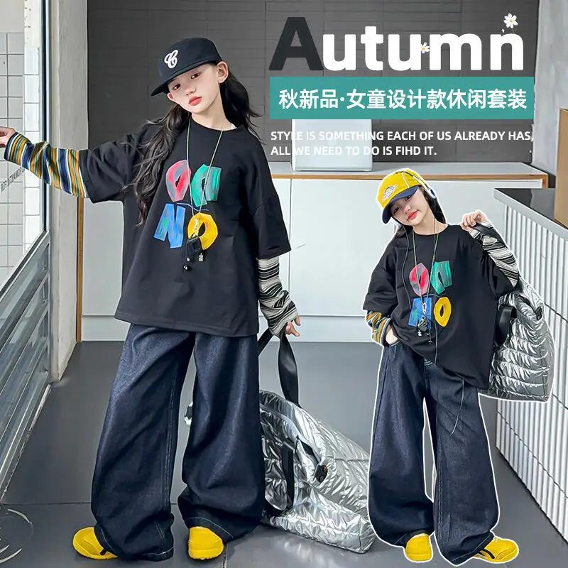 

Kawaii модная футболка для девочек, джинсовый комплект, студенческие весенне-осенние топы с героями мультфильмов, длинные штаны, комплект из 2 предметов, повседневная детская одежда