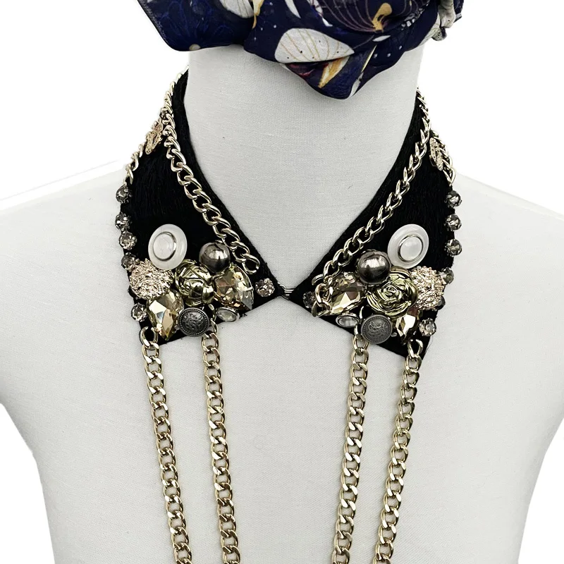 Multi-layer Chain Faux Gem Buttons Black Lace Punk Handmade Detachable Collar Womens Fashion Necklace Choker Ladies Fake Collars