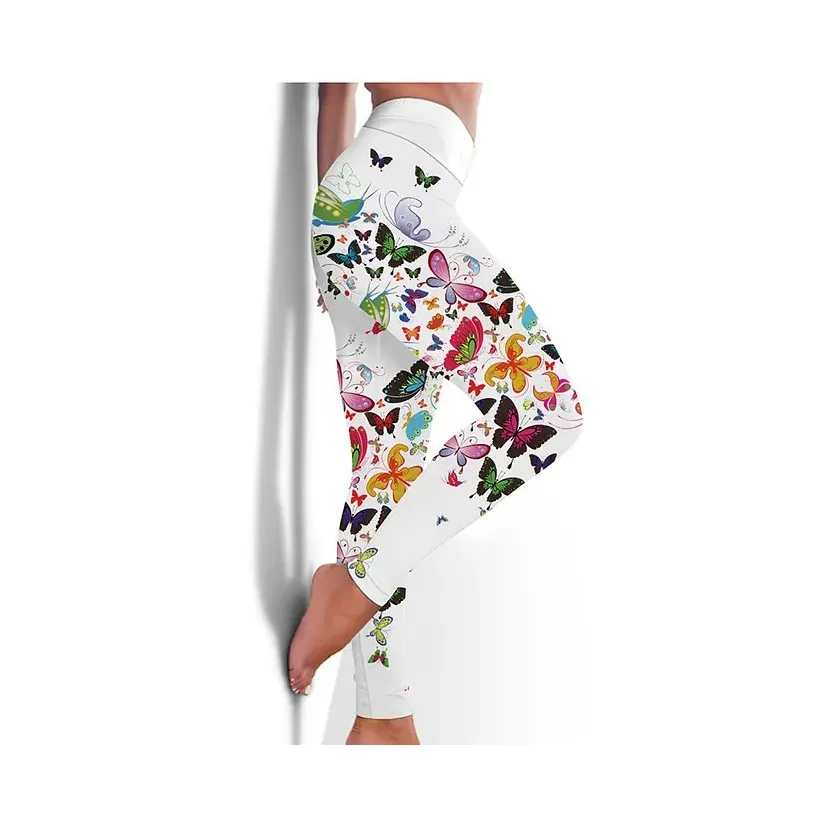 Butterfly flower print casual high waist hip lift elastic elastic waist tight-fitting daily wear travel working women\'s leggings