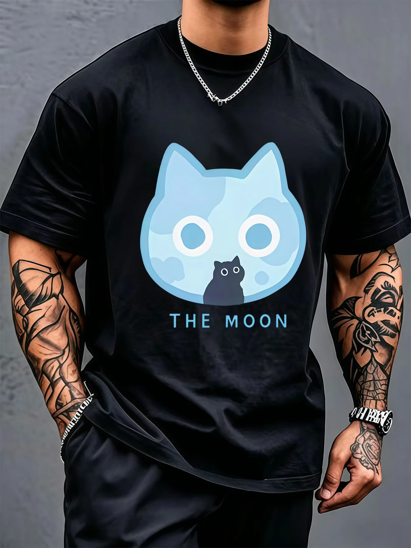 Men Black Crew Neck Tee Light Blue Cat Shaped Moon With Tiny Black Cat Silhouette The Moon Mystic Cute Pet Soft Cotton Male Tops