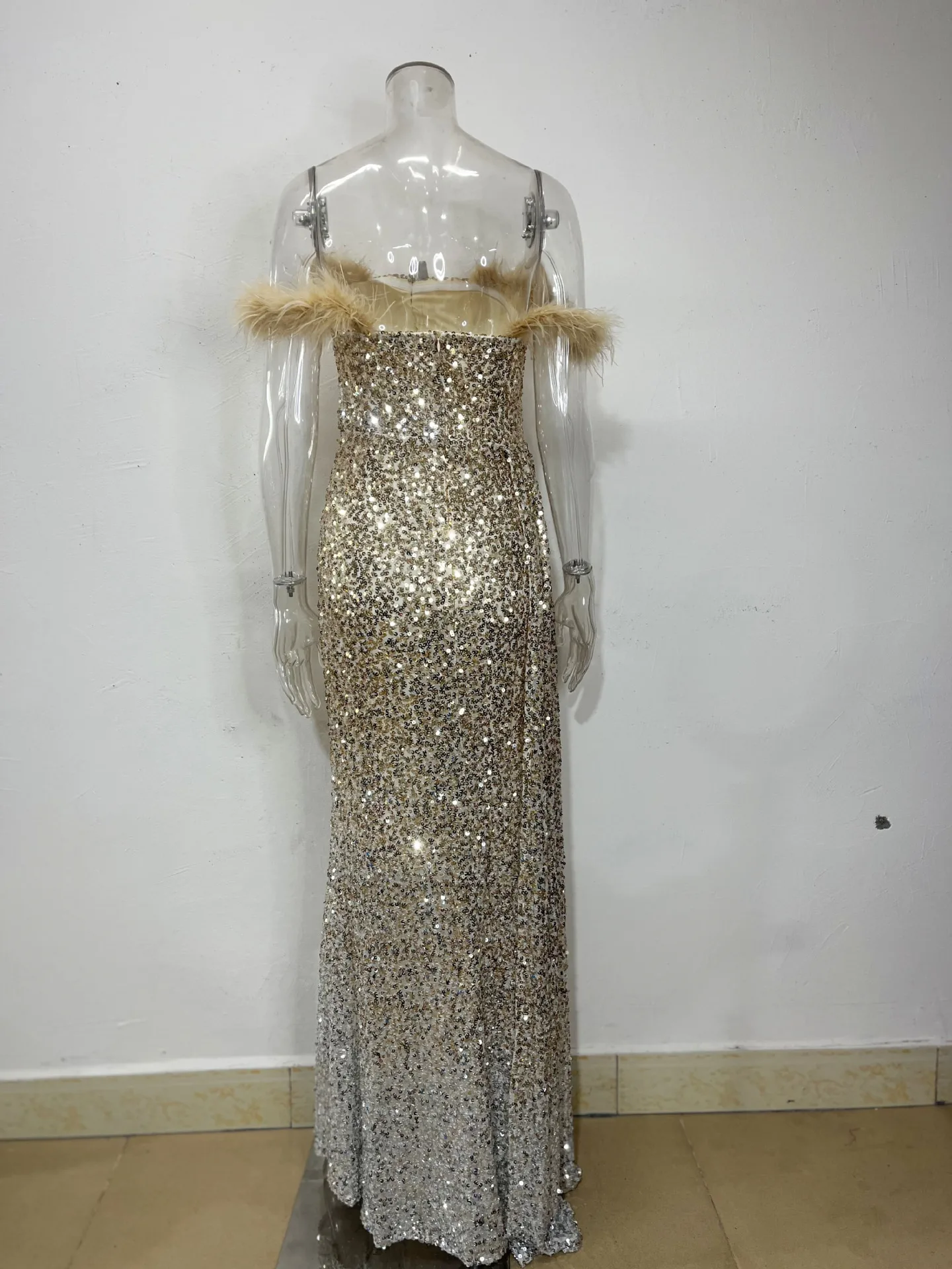 SKMY 2023 Spring Summer Women Clothes Feather Stitching Sequin V-Neck Off Shoulder Dress Elegant Evening Sexy Split Long Dresses