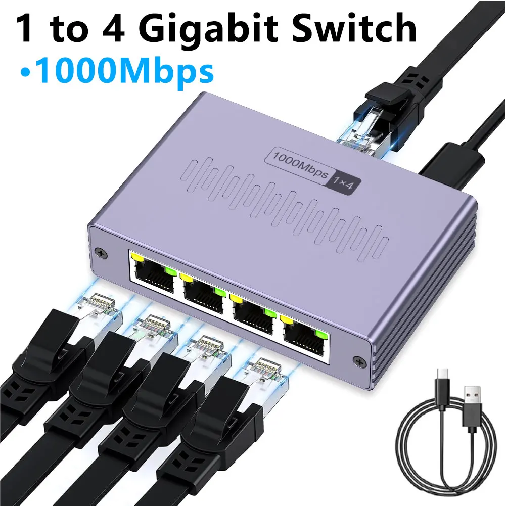 1 to 4 Gigabit Ethernet Switch RJ45 Splitter 1000Mbps 4 Port LAN Network Hub Adapter