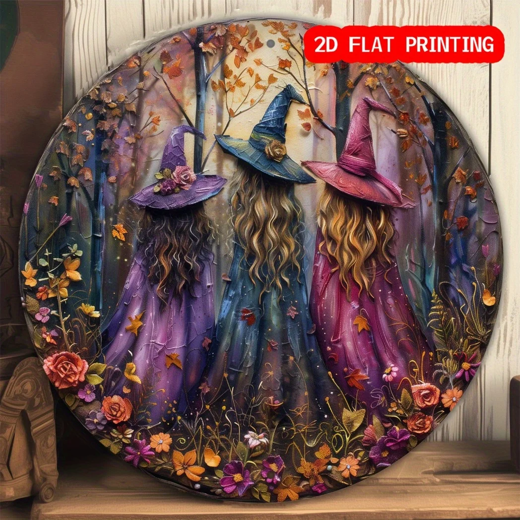 2D flach, 1 Stück Halloween Witch Sisters Rundes Aluminiumschild – Vintage Horror Thema Wandbehang Dekor, 20,32 x 20,32 cm, kein Electrici