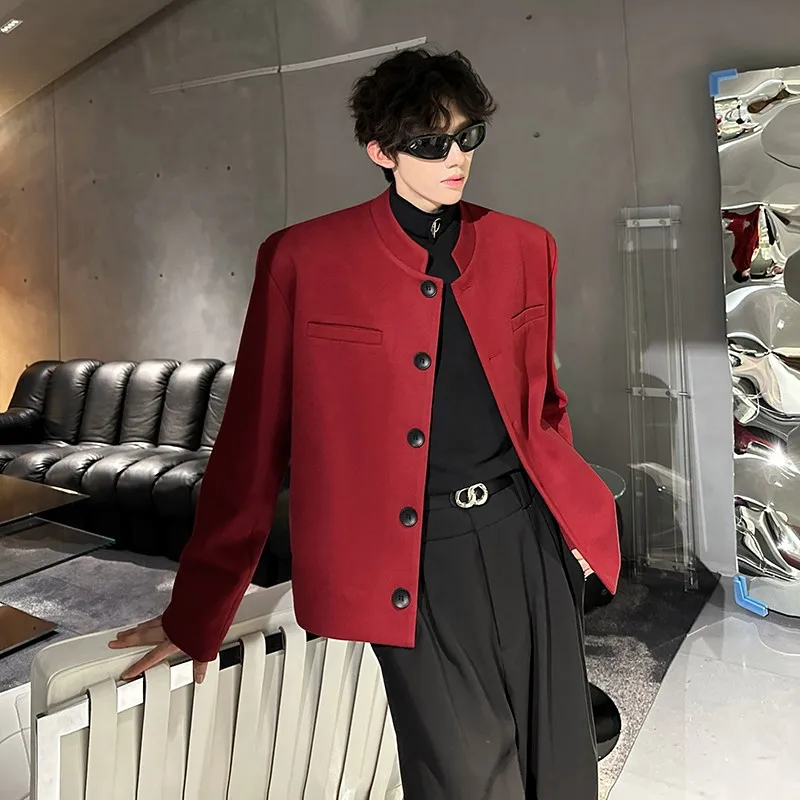 Wine Red Blazers Men Suit Jackets Casual Stand Collar Solid Color Male Short Coats Korean Trendy Men\'s Clothing Autumn New