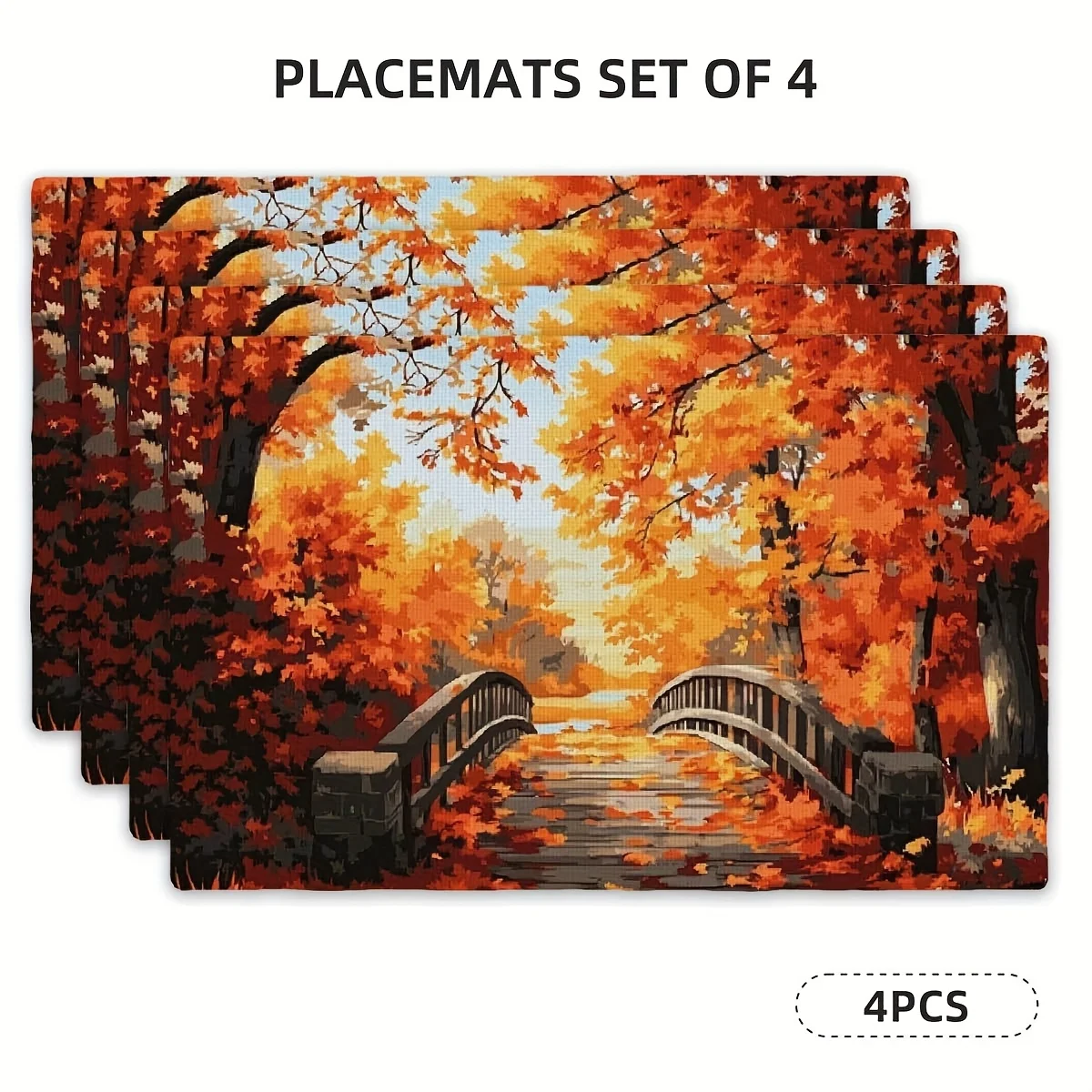 4pcs Placemats Set - Enchanting Autumn Maple Bridge Scene, Rectangular Kitchen Table Mats (12