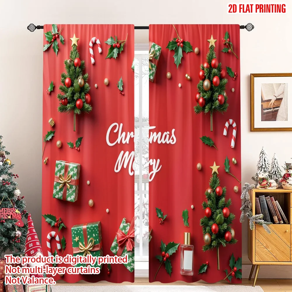 

2pcs 2D flat printing Merry Christmas Popular Window Drapes Christmas Merry Gifts Trees Fabric Without Electricity Festive