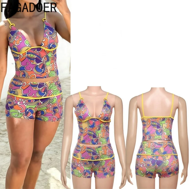 

FAGADOER Sexy Flower Print 2 Pieces Set for Woman Spaghetti Strap Sleeveless Backless Tops + Shorts Matching Suits Streetwear