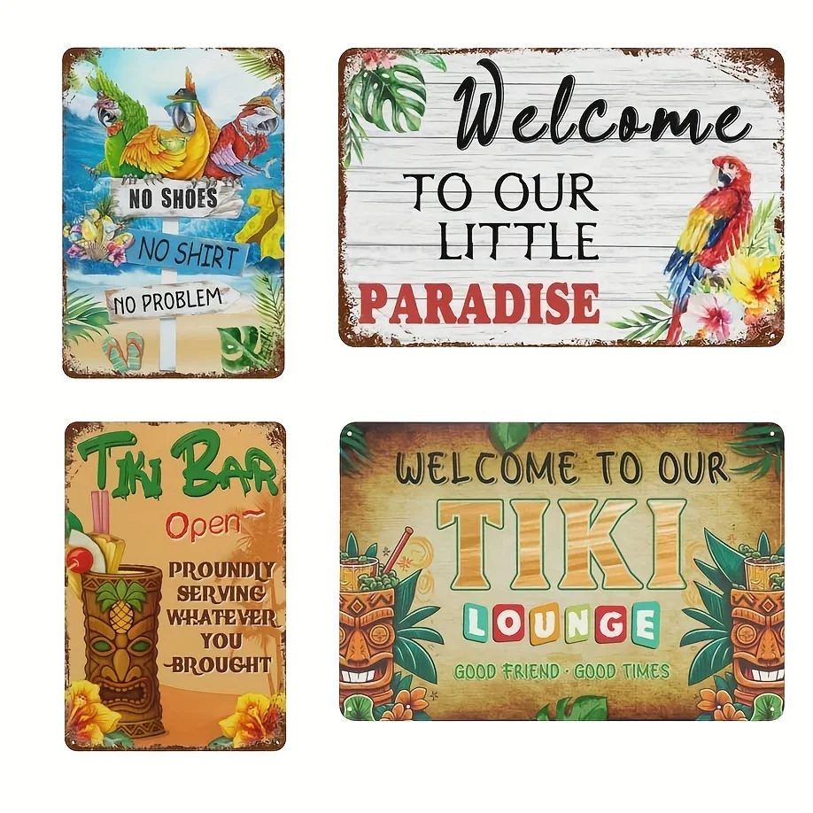 4pcs Tiki Bar Theme Metal Signs, Vintage Wall Decor, No Shoes No Shirt, Welcome To Our Little Paradise,Colorful Tropical Designs