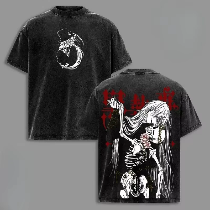Black Butler Undertaker Anime Print T‑Shirt Washed Cotton Unisex Casual Oversized Short Sleeve Streetwear Fashion Tees