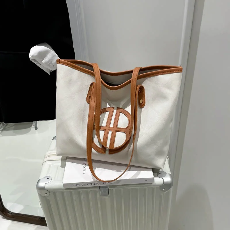 

Модная женская однотонная сумка-тоут из искусственной кожи большой емкости с круглым логотипом, водонепроницаемая сумка на плечо на молнии для ежедневного использования