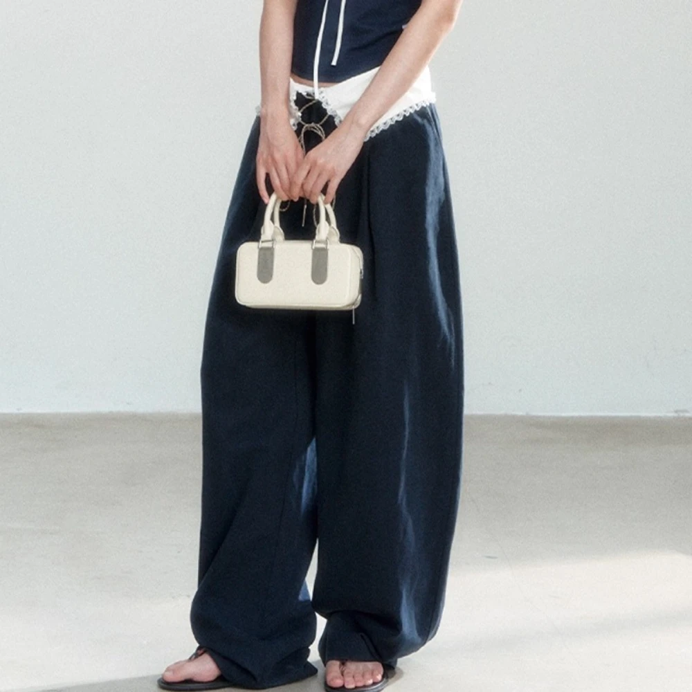 TWOTWINSTYLE Blue Spliced Lace Chic Trousers Female High Waist Loose Korean Minimalist Women's Wide Leg Pants Autumn New Fashion