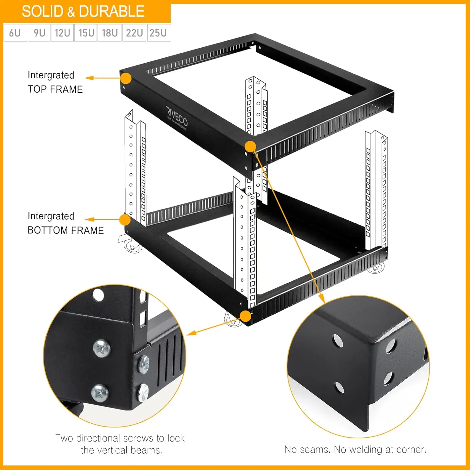 Server Rack Floor Standing Open Frame with Wheels- 19-inch 4 Post Quick Assembly AV Rack Network Heavy Duty Durable