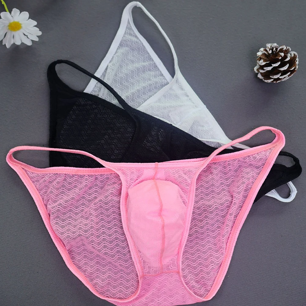 Men Sexy Jacquard Side Space Briefs Lace Transparent Underwear Lingerie Panties