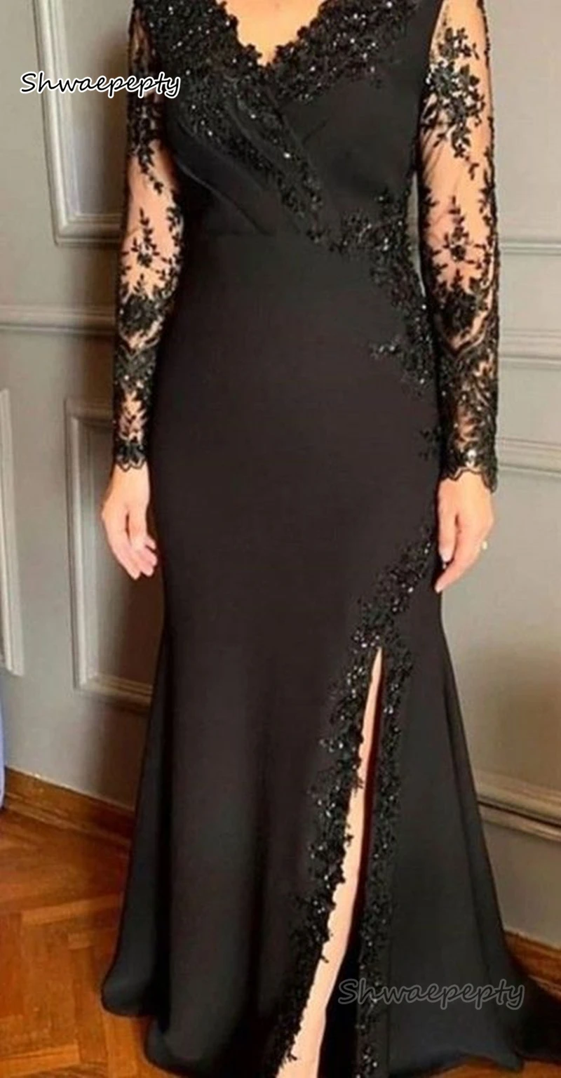 Elegant Long Sleeves Mother Of The Bride Dresses V-Neck Side Split Chic Wedding Guest Dress Beaded Lace Women Formal Wear 2024