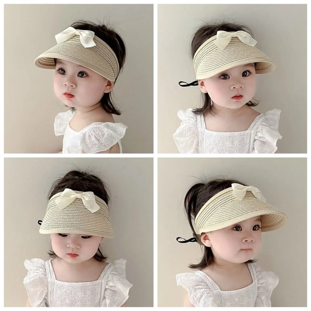 Ins الكورية الطفل قبعات القش فارغة أعلى واسعة حافة القوس القش قبعة المضادة للأشعة فوق البنفسجية حماية الشمس قناع قبعة الشاطئ