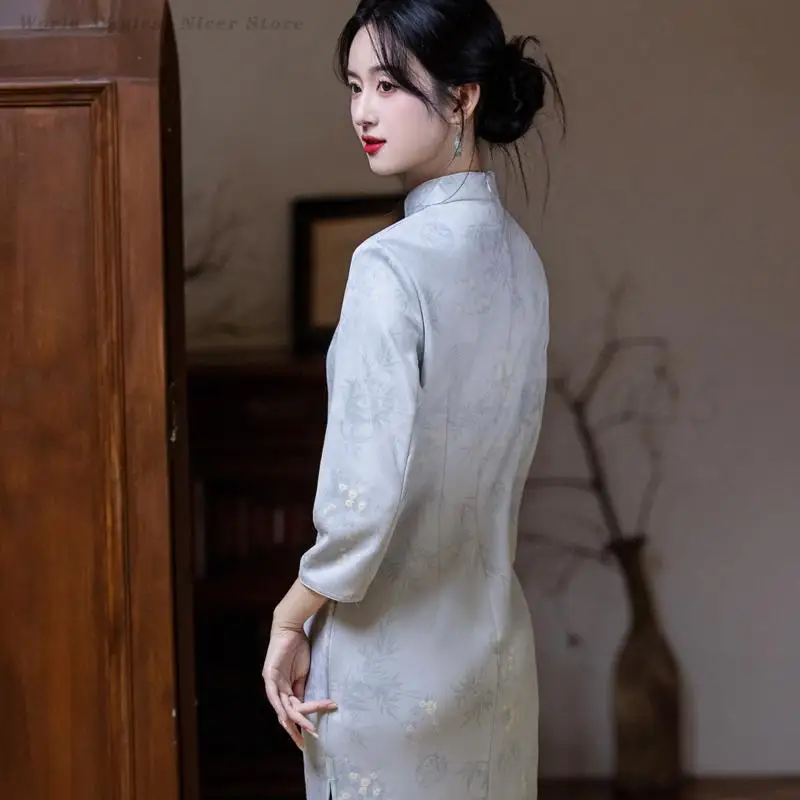 Plus size 3xl vintage cheongsam tradicional gola mandarim qipao novo estilo chinês vestido suave impresso flor vestidos vestido