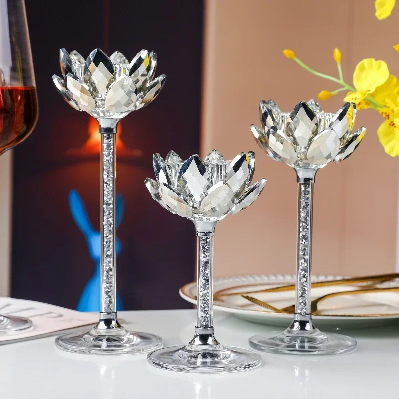 Candelabro de cristal con forma de loto plateado creativo, accesorio romántico para cena a la luz de las velas, adorno de decoración del hogar para restaurante occidental