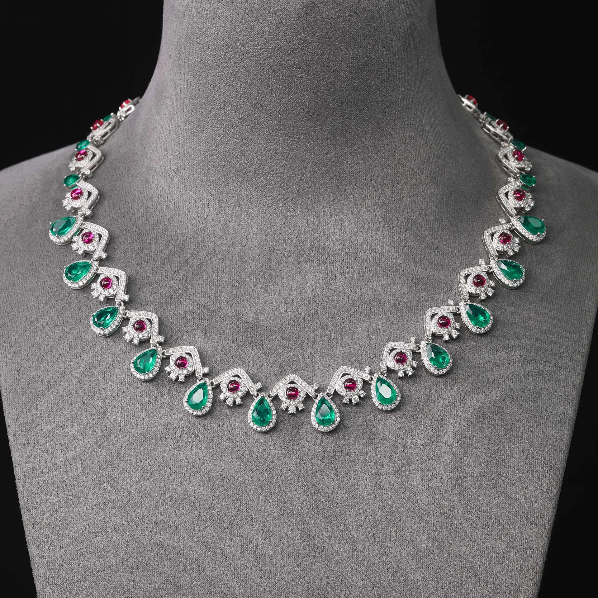 KQDANCE New 925 Silver Synthetic Red Ruby Pear Cut Green Emerald Gemstone Chain Necklaces Women Party Luxury Fine Jewelry