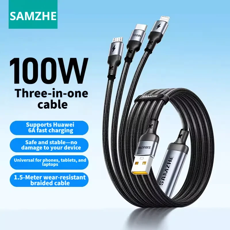 

Кабель USB-C SAMZHE 3-в-1, 100 Вт, 6 А, для быстрой зарядки iPhone 17/16 Pro, Huawei, Android, Type-C, 5 А, для автомобиля и телефона
