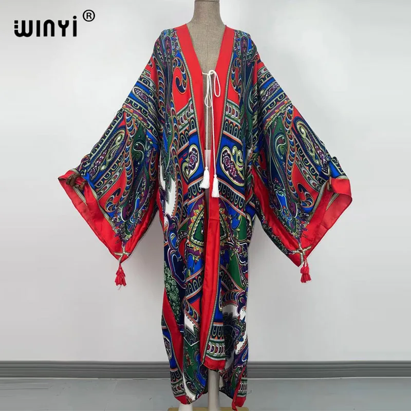 

2021 WINYI newCotton Bikini Sweet Lady Pink Boho Print Self Belted Front Open Long Kimono Dress Beach Tunic Women Wrap Dresses