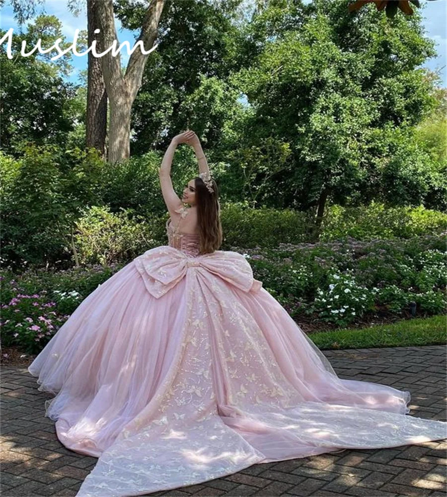 Gaun kupu-kupu mewah merah muda Quinceanera 2023 Debutante Vestido De Xv aultros putri Meksiko manis 15 gaun ulang tahun elegan