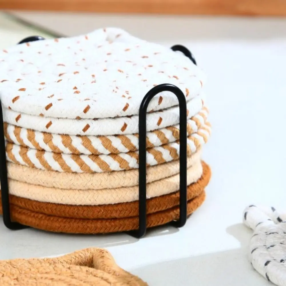 4/8 Pcs Woven Cat Ear Coasters High-Temperature Resistant with Storage rack Cotton Drink Coasters Round Nordic Style