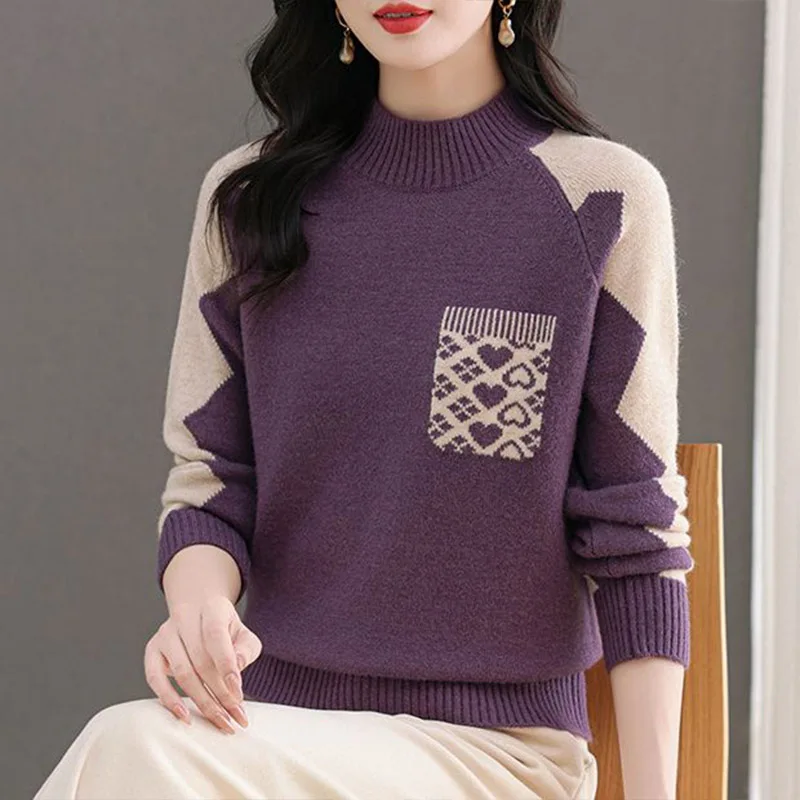 

Autumn Winter New Fashion Jacquard Thick Knitted Pullovers Temperament Elegant Loose O-neck Jumper Women's Vintage Sweaters