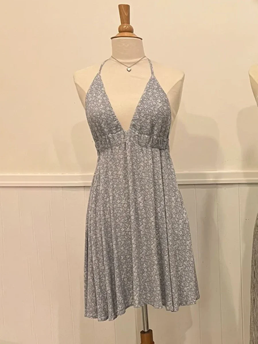 Vestido corto Beige con espalda descubierta para mujer, minivestido Sexy con cuello en V, cintura alta elástica, línea A, Vintage, liso, dulce, para vacaciones, 2024